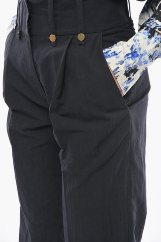 Linen and Virgin Wool Single-Pleat Pants DOLORES with Gold Buttons