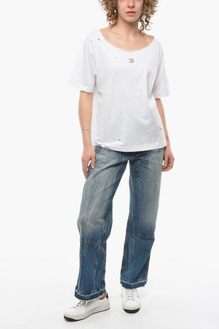 Oversized Distressed T-shirt with Application Plaqued Logo