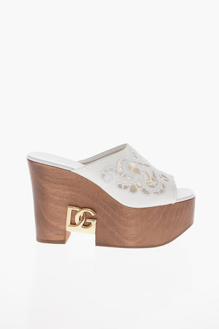 Perforated Leather BRIGITTE Wood Wedge Mules 12cm
