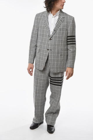 Blazer Semifoderato in Lino con Fantasia a Quadri e Tasche con Aletta