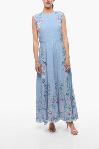 Vestito Lungo Smanicato in Misto Lino con Dettagli in Broderie Anglaise Floreali