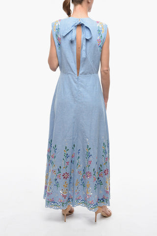 Vestito Lungo Smanicato in Misto Lino con Dettagli in Broderie Anglaise Floreali