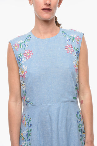 Vestito Lungo Smanicato in Misto Lino con Dettagli in Broderie Anglaise Floreali