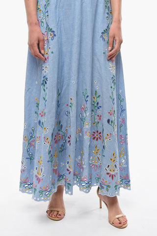 Vestito Lungo Smanicato in Misto Lino con Dettagli in Broderie Anglaise Floreali