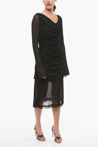 Vestito Midi Drappeggiato con Dettagli Mesh