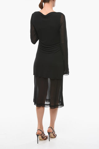 Vestito Midi Drappeggiato con Dettagli Mesh