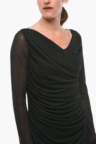 Vestito Midi Drappeggiato con Dettagli Mesh