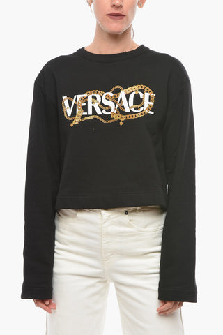 Crew-neck Cropped Sweatshirt with Logo Lettering and Rhinestone Application