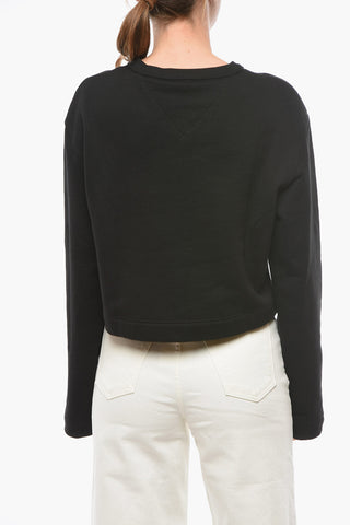 Crew-neck Cropped Sweatshirt with Logo Lettering and Rhinestone Application