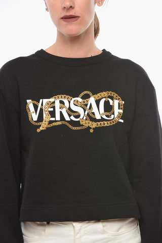 Crew-neck Cropped Sweatshirt with Logo Lettering and Rhinestone Application