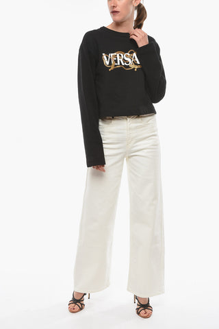 Crew-neck Cropped Sweatshirt with Logo Lettering and Rhinestone Application