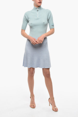 Two Tone Cashmere and Silk Knitted Dress with Half Zip
