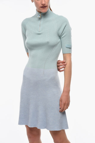 Two Tone Cashmere and Silk Knitted Dress with Half Zip