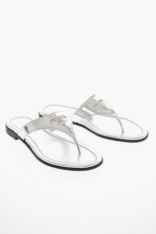 Lamè Leather METAL Flat Thong Sandals with Logo