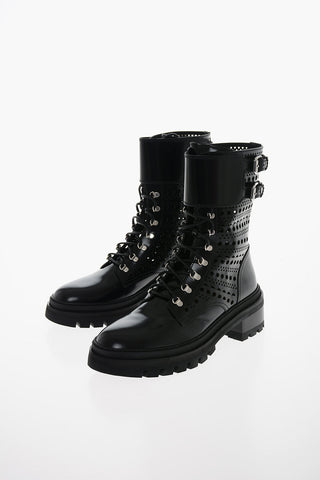 Perforated Brushed-leather Combat Boots with Double Buckle