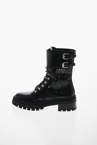 Perforated Brushed-leather Combat Boots with Double Buckle