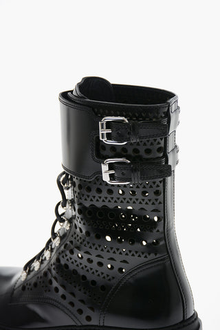 Perforated Brushed-leather Combat Boots with Double Buckle