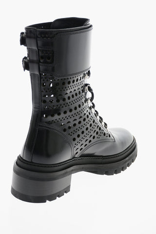 Perforated Brushed-leather Combat Boots with Double Buckle