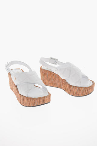 LOVE Sandali in Pelle con Zeppa in Rafia 7cm