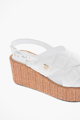 LOVE Sandali in Pelle con Zeppa in Rafia 7cm