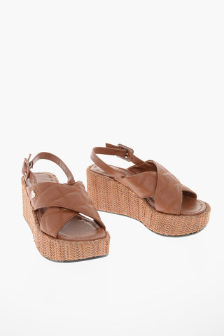 LOVE Sandali in Pelle Trapuntata con Zeppa in Rafia 7cm