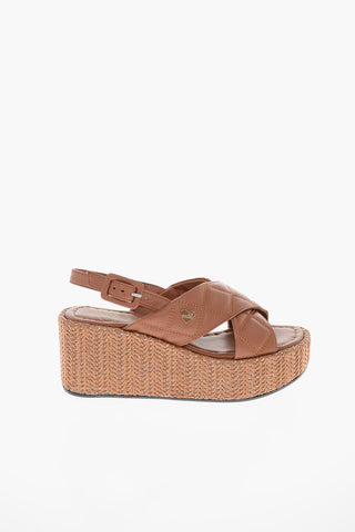 LOVE Sandali in Pelle Trapuntata con Zeppa in Rafia 7cm