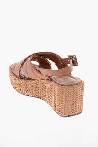 LOVE Sandali in Pelle Trapuntata con Zeppa in Rafia 7cm