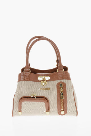 LOVE Borsa Handle in Tessuto Intrecciato con Rifiniture in Ecopelle Effetto Coccodrillo
