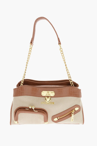 LOVE Borsa Handle in Tessuto Intrecciato con Rifiniture in Ecopelle Effetto Coccodrillo
