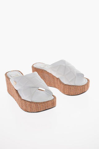 LOVE Sandali in Pelle Trapuntata con Zeppa in Rafia 7cm