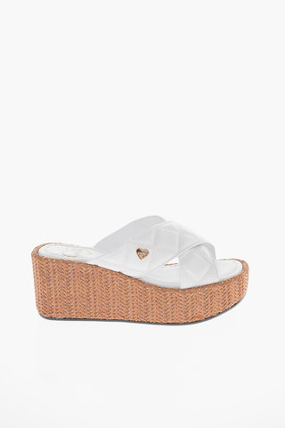 LOVE Sandali in Pelle Trapuntata con Zeppa in Rafia 7cm
