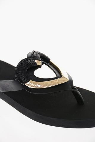 LOVE Leather Flip Flops with Metal Golden Heart
