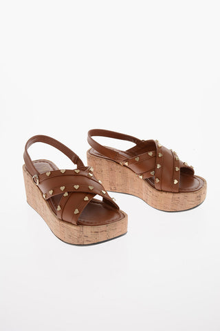 LOVE Leather Sandals with Golden Heart Decoration and Cork Sole 7cm