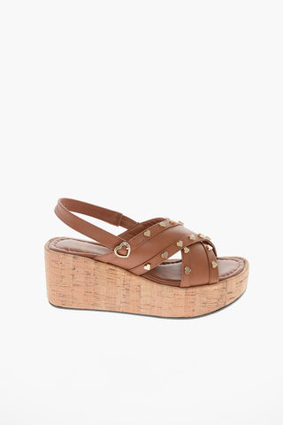 LOVE Leather Sandals with Golden Heart Decoration and Cork Sole 7cm