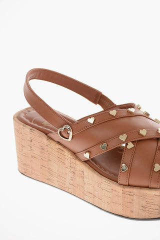 LOVE Leather Sandals with Golden Heart Decoration and Cork Sole 7cm