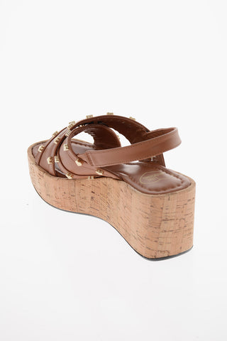 LOVE Leather Sandals with Golden Heart Decoration and Cork Sole 7cm