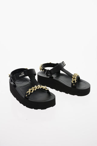LOVE Leather Sandals with Heart Shape Decorative Chain