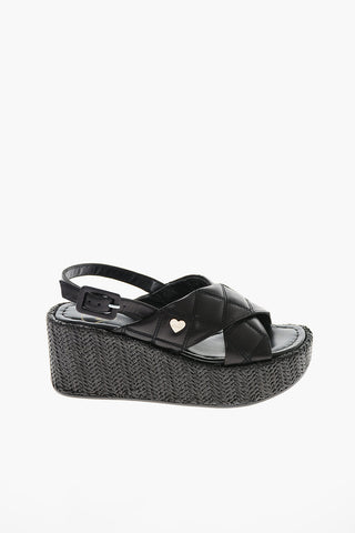 LOVE Leather Sandals with Raffia Wedge 7cm