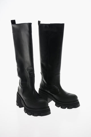 Leather Knee-high Boots with Lug Sole