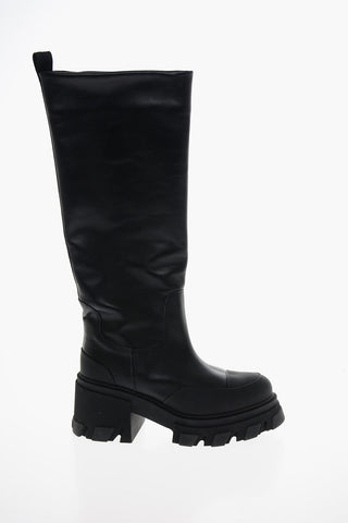 Leather Knee-high Boots with Lug Sole