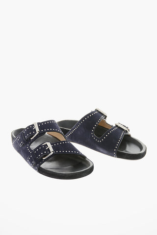 Suede-leather LENNYO Double-buckle Slides with Stud-embellishment