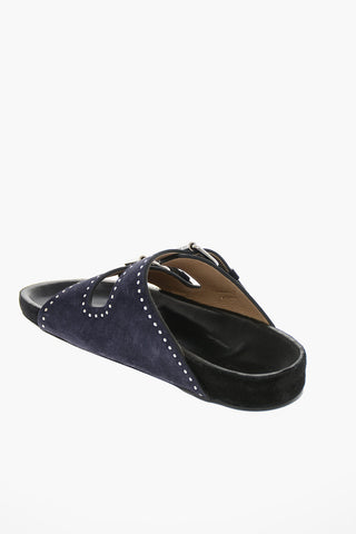 Suede-leather LENNYO Double-buckle Slides with Stud-embellishment