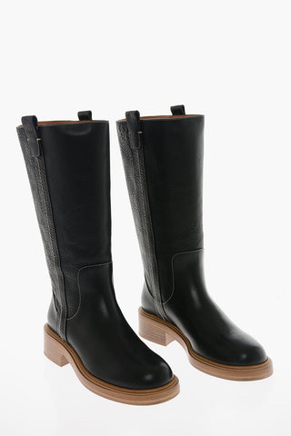 Gros-grain Leather EDITH Knee-high Boots with Visible Trimmings