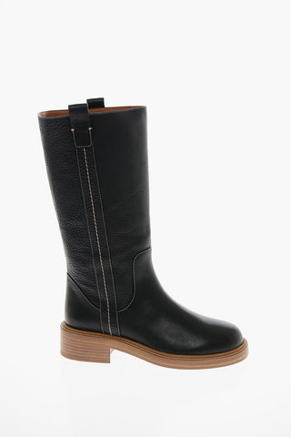 Gros-grain Leather EDITH Knee-high Boots with Visible Trimmings
