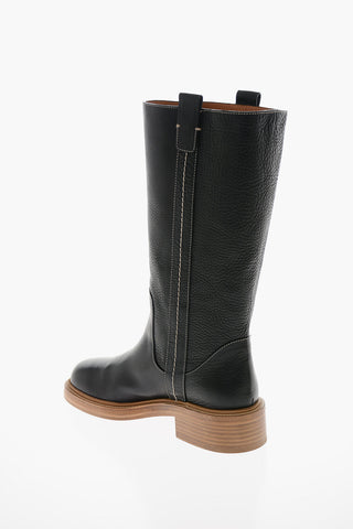 Gros-grain Leather EDITH Knee-high Boots with Visible Trimmings