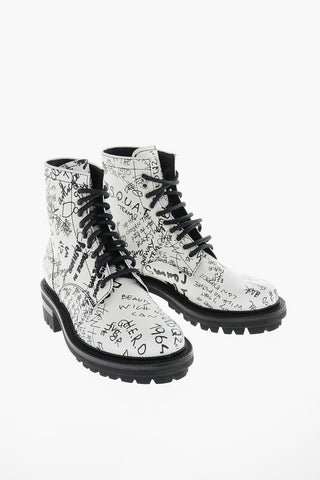 Polished-leather SCRIBBLES Combat Boots with Writings Print