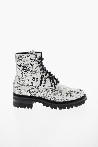 Polished-leather SCRIBBLES Combat Boots with Writings Print