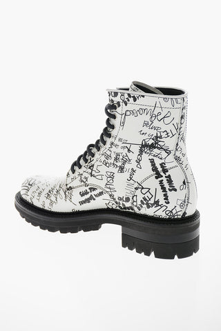 Polished-leather SCRIBBLES Combat Boots with Writings Print