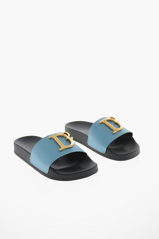 Leather Slides with Gold-toned Logo