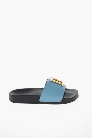 Leather Slides with Gold-toned Logo